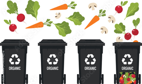Organic recycling bins with vegetables for compost and sustainability vector design projects