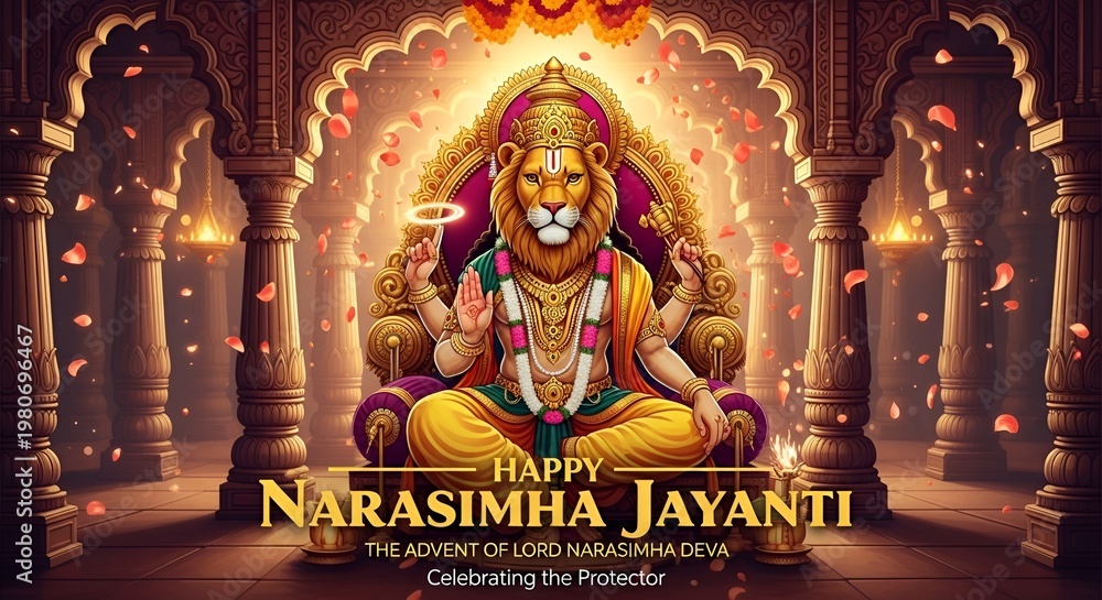 Fototapeta premium Grand Narasimha Jayanti festival with the divine lion-man deity on a throne amidst ornate architecture and falling confetti