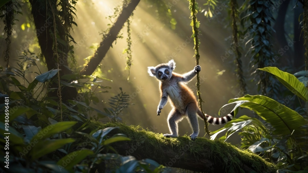 Fototapeta premium Playful lemur swinging on a vine in a lush jungle, sunlight filtering through dense foliage