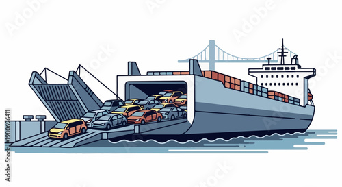 Cargo ship loaded with many colorful cars on a ramp and at dock