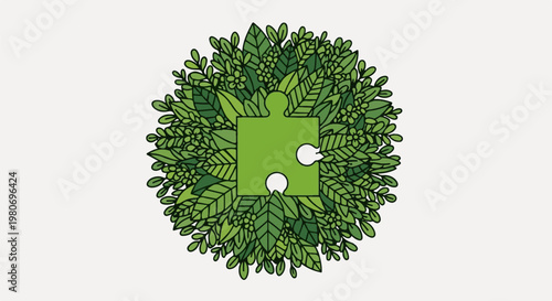 Green puzzle piece framed by lush foliage