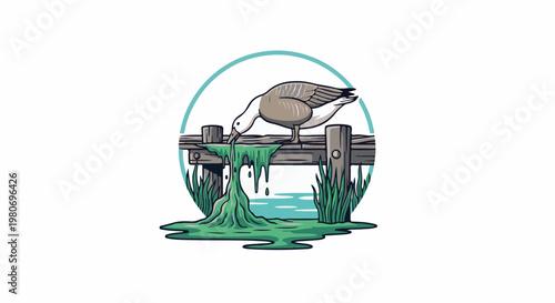 Bird drinks from a wooden fence dripping green slime into water