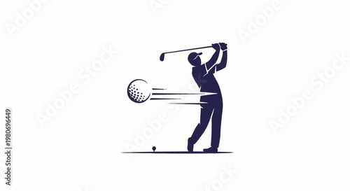 Silhouette of a golfer mid-swing, ball in motion