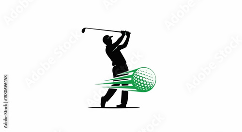 Golfer silhouetted mid-swing, driving a ball with green streaks