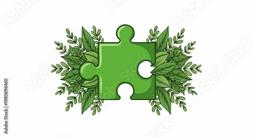 Green puzzle piece intertwined with lush green leaves