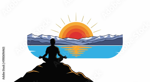 Silhouette of a person in meditation on a rock overlooking a serene lake at sunrise