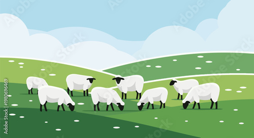 A flock of white sheep grazes on lush green rolling hills under a cloudy sky