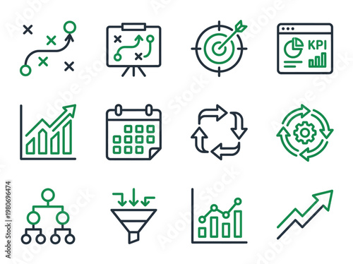 KPI tracking and strategic planning icon set for performance management, campaign scheduling, and business process optimization