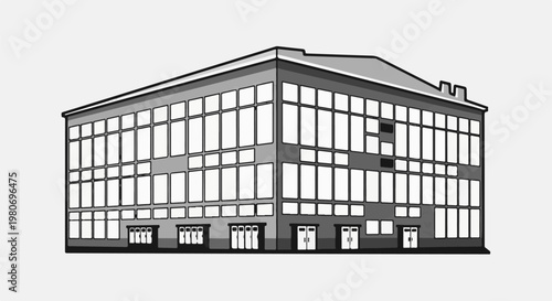Modern gray building with numerous large windows and several doors