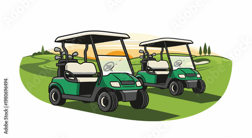 Two green golf carts parked on a lush green golf course with a sunset backdrop