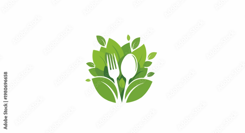 Obraz premium White spoon and fork nestled within lush green leaves, symbolizing healthy eating