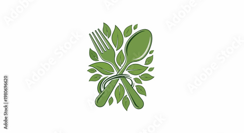 Green fork and spoon crossed, surrounded by leaves