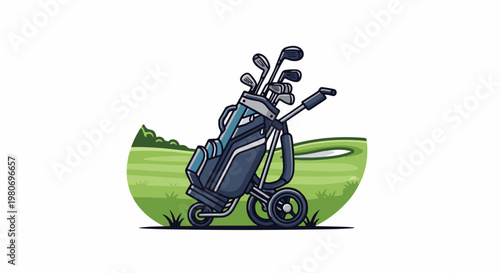 A golf bag with clubs on a cart, on a golf course green