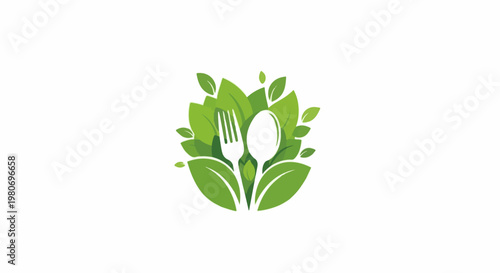White spoon and fork nestled within lush green leaves, symbolizing healthy eating