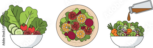 Fresh Green Salad Illustration Set Featuring Vegetable Bowls with Dressing, Citrus Slices and Leafy Ingredients for Healthy Diet and Nutrition Design Isolated on White Background