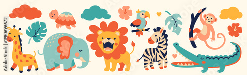 Playful flat style safari animals collection. Naive hand-drawn isolated elements. Lion, elephant, giraffe, turtle, monkey, parrot, zebra, crocodile stickers for baby, kid, and summer wildlife designs