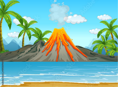 Tropical island volcanic eruption landscape scene.