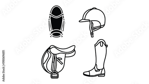 Equestrian essentials: A set of essential equestrian gear, including a riding helmet, a leather boot, a saddle and a boot's sole.