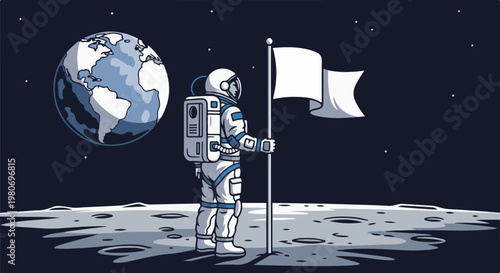 Astronaut plants flag on moon with Earth visible in the distance
