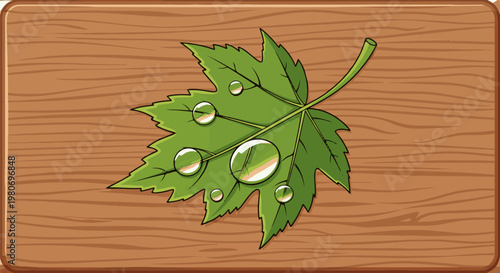 Green leaf with water droplets on a wooden textured surface