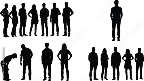 People silhouettes set, standing men and women poses collection, casual and business figures, isolated black silhouettes, lifestyle concept illustration