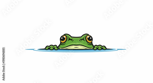 Cartoon frog peeking over the edge of blue water, white background