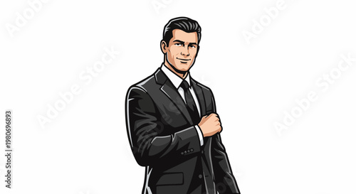 Confident man in a sharp suit, chest slightly puffed, smiling