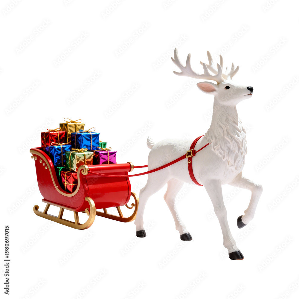 Fototapeta premium [Transparent Background PNG]White Reindeer Pulling Red Sleigh with Gifts