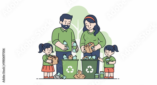 Family sorts recyclables into bins, promoting eco-friendly habits together