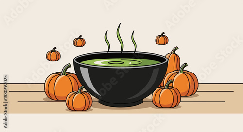 A steaming cauldron of green liquid surrounded by pumpkins on a table