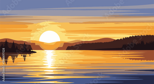 Vibrant pixel art sunset over a tranquil lake with silhouetted trees and hills