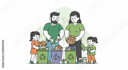 Family recycling waste materials into bins, promoting environmental care