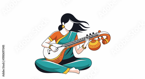 Stylized illustration of a woman playing a veena instrument