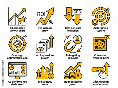Digital Advertising Performance Icons for Marketing Campaign Optimization and ROI Analysis Including Conversion Tracking Budget Scaling Cost Reduction and Audience Retargeting Strategy Solutions