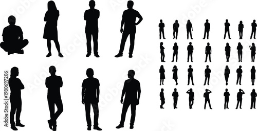 People silhouettes set, standing casual poses collection, men women figures variety, isolated black silhouettes, lifestyle activity concept illustration pack