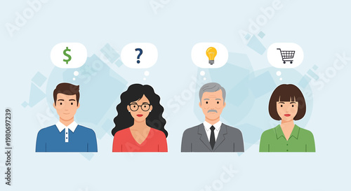 Diverse group of people with thought bubbles showing symbols related to business, ideas, and shopping, representing different perspectives and decision-making processes