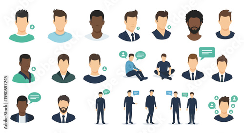 Diverse collection of male user avatars and profile icons representing various ethnicities, styles, and communication scenarios for digital platforms and social networking