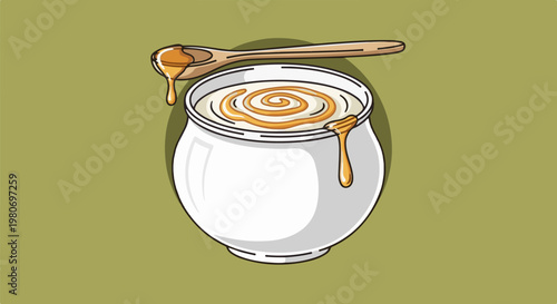 A white pot filled with swirling golden nectar, a wooden spoon above