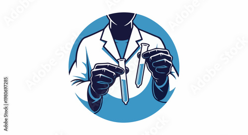 Scientist in lab coat holding test tubes with blue liquid