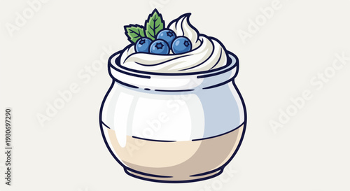 A stylized illustration of a glass jar filled with creamy dessert, topped with blueberries and mint leaves