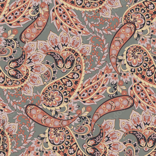 Seamless pattern based on traditional Asian elements Paisley. Traditional colorful seamless paisley vector pattern. Pattern for textile design or fabrics. Fashionable delicate design