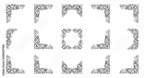 Vintage decorative corner frame set with elegant ornamental floral scroll elements for classic border design