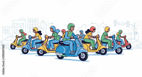 Diverse group of people riding colorful scooters through a stylized city