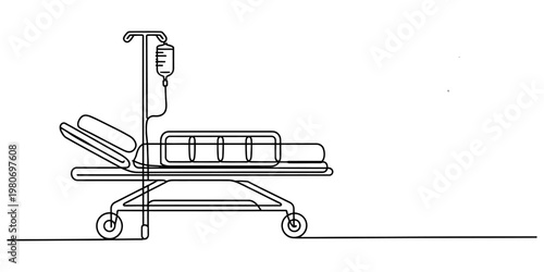 A simple black and white line drawing of a hospital bed equipped with an intravenous drip stand Vector, illustration