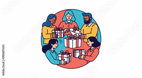 Diverse group exchanging wrapped gifts in a colorful circle
