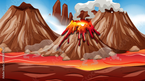 Erupting volcanoes with lava flows.