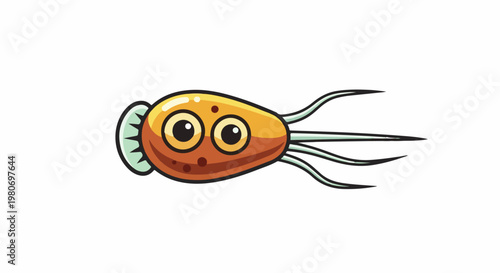 Cartoonish orange microbe with wide eyes, tiny spots, and tendrils