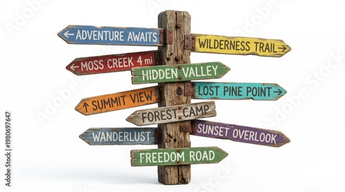 Rustic wooden directional signpost with colorful arrows, vintage trail markers for hiking and adventure, weathered timber post on white background
