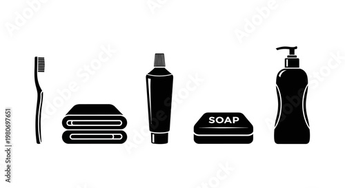 Black and white bathroom toiletries set.