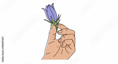 A hand holds a single purple bell-shaped flower bud gently